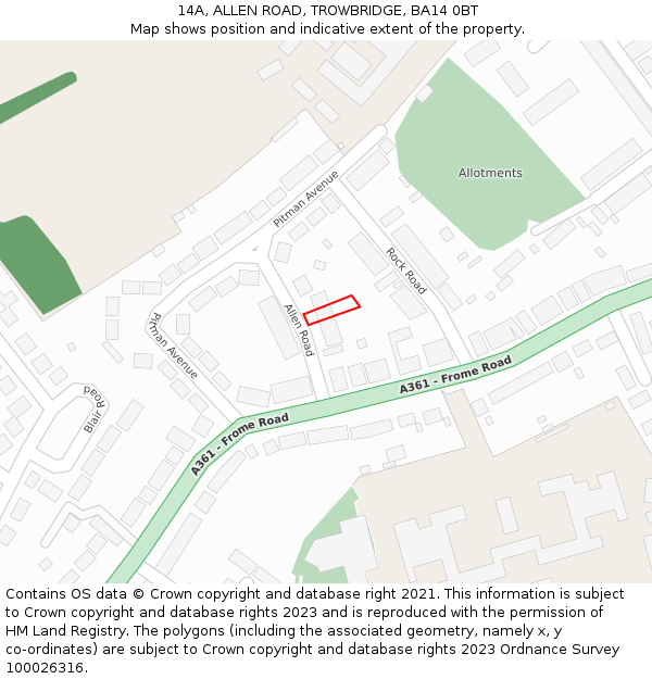 14A, ALLEN ROAD, TROWBRIDGE, BA14 0BT: Location map and indicative extent of plot