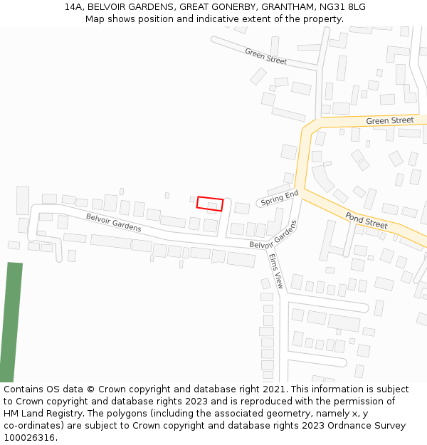 14A, BELVOIR GARDENS, GREAT GONERBY, GRANTHAM, NG31 8LG: Location map and indicative extent of plot