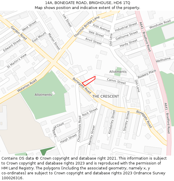 14A, BONEGATE ROAD, BRIGHOUSE, HD6 1TQ: Location map and indicative extent of plot