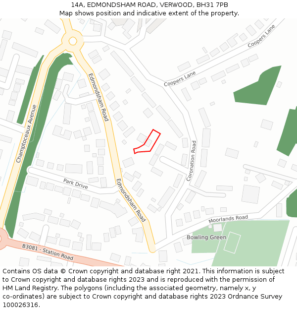 14A, EDMONDSHAM ROAD, VERWOOD, BH31 7PB: Location map and indicative extent of plot