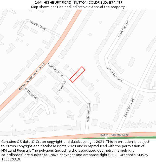 14A, HIGHBURY ROAD, SUTTON COLDFIELD, B74 4TF: Location map and indicative extent of plot