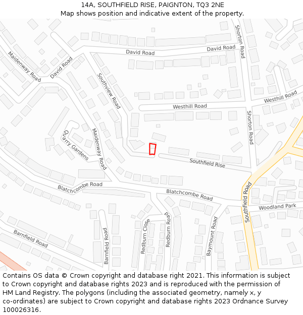 14A, SOUTHFIELD RISE, PAIGNTON, TQ3 2NE: Location map and indicative extent of plot
