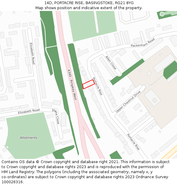 14D, PORTACRE RISE, BASINGSTOKE, RG21 8YG: Location map and indicative extent of plot