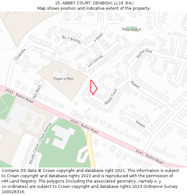 15, ABBEY COURT, DENBIGH, LL16 3HU: Location map and indicative extent of plot