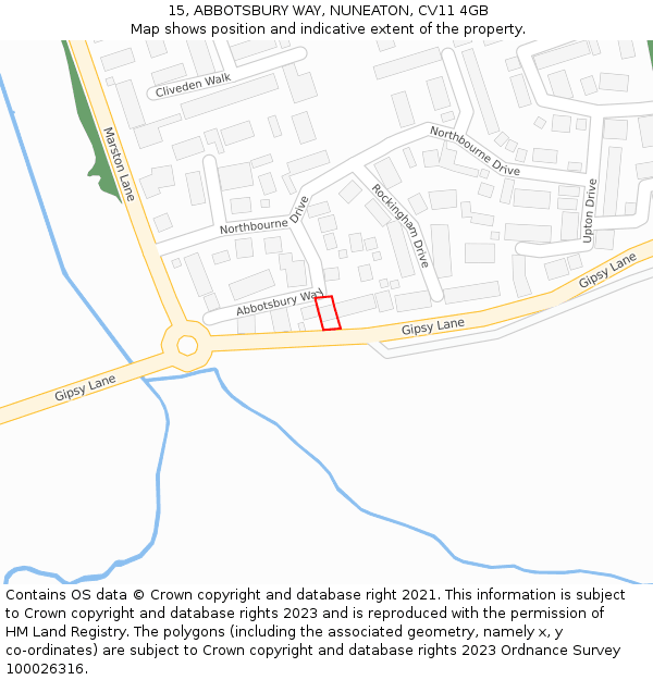 15, ABBOTSBURY WAY, NUNEATON, CV11 4GB: Location map and indicative extent of plot