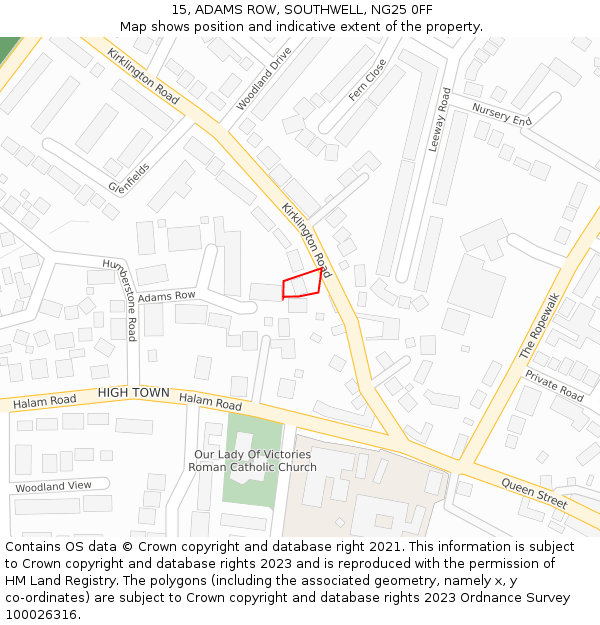 15, ADAMS ROW, SOUTHWELL, NG25 0FF: Location map and indicative extent of plot