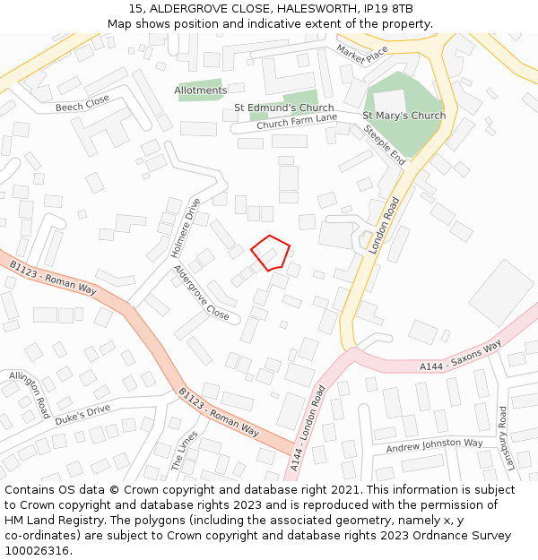 15, ALDERGROVE CLOSE, HALESWORTH, IP19 8TB: Location map and indicative extent of plot