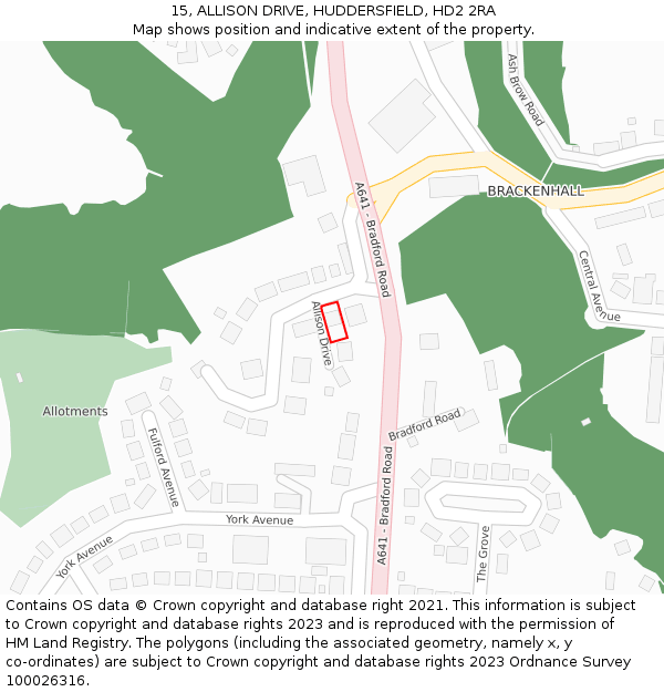 15, ALLISON DRIVE, HUDDERSFIELD, HD2 2RA: Location map and indicative extent of plot