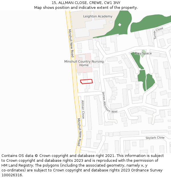 15, ALLMAN CLOSE, CREWE, CW1 3NY: Location map and indicative extent of plot