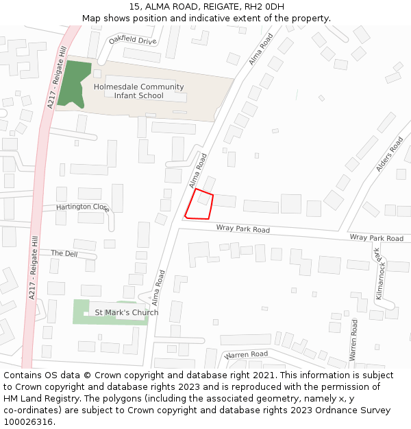 15, ALMA ROAD, REIGATE, RH2 0DH: Location map and indicative extent of plot