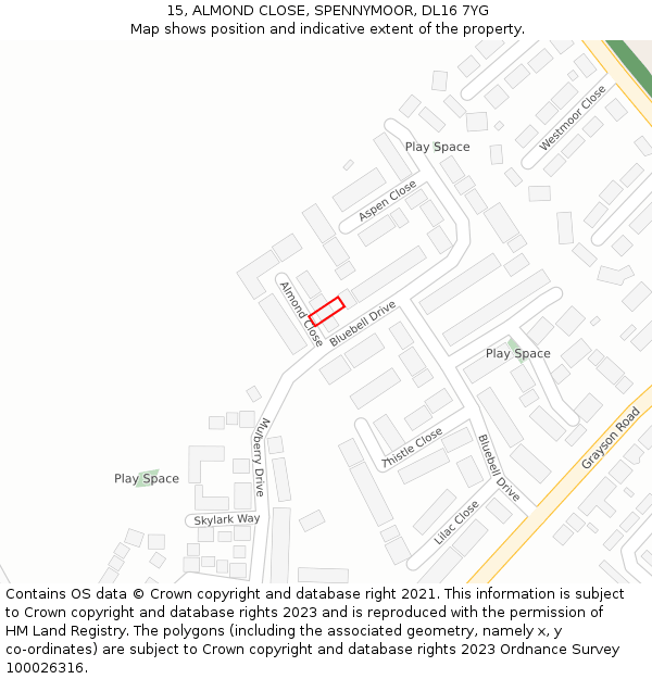 15, ALMOND CLOSE, SPENNYMOOR, DL16 7YG: Location map and indicative extent of plot