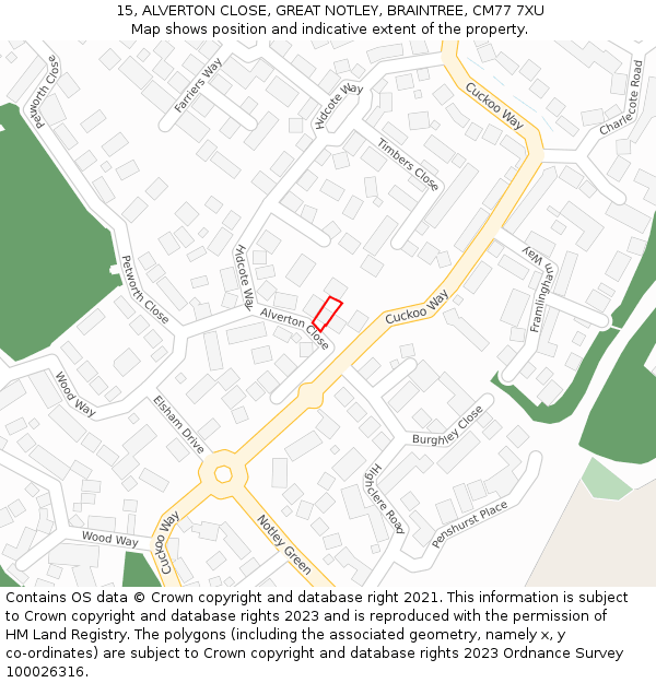 15, ALVERTON CLOSE, GREAT NOTLEY, BRAINTREE, CM77 7XU: Location map and indicative extent of plot