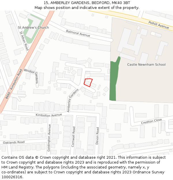 15, AMBERLEY GARDENS, BEDFORD, MK40 3BT: Location map and indicative extent of plot