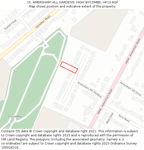 15, AMERSHAM HILL GARDENS, HIGH WYCOMBE, HP13 6QP: Location map and indicative extent of plot