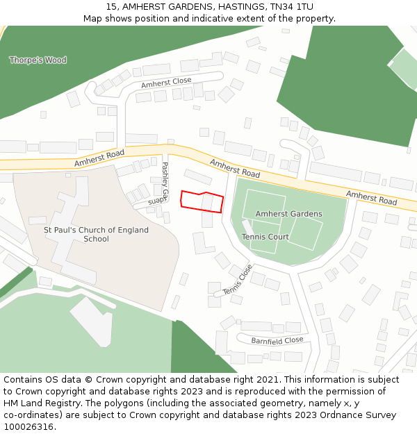 15, AMHERST GARDENS, HASTINGS, TN34 1TU: Location map and indicative extent of plot