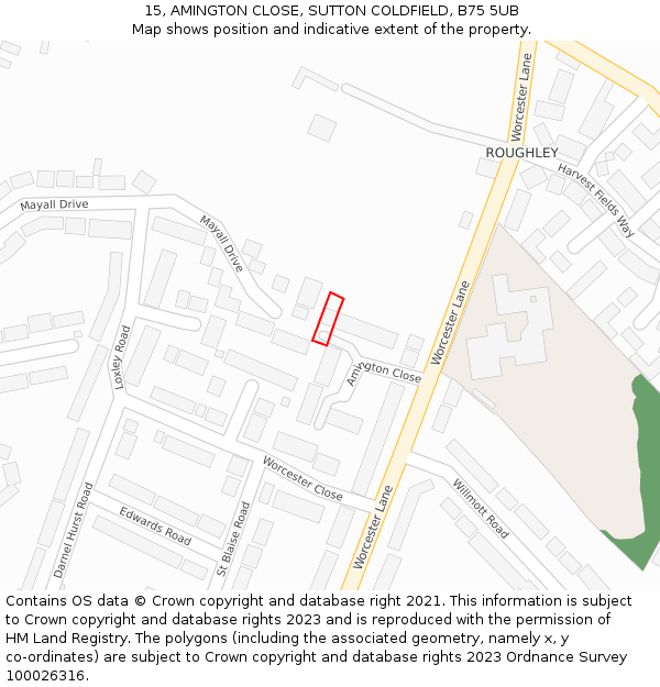15, AMINGTON CLOSE, SUTTON COLDFIELD, B75 5UB: Location map and indicative extent of plot