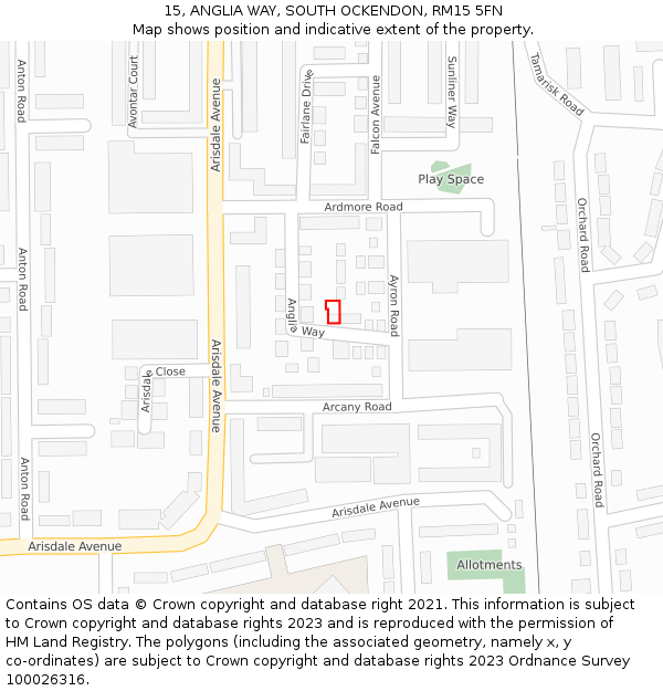 15, ANGLIA WAY, SOUTH OCKENDON, RM15 5FN: Location map and indicative extent of plot