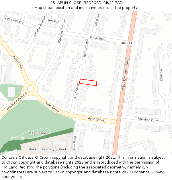 15, ARUN CLOSE, BEDFORD, MK41 7AD: Location map and indicative extent of plot