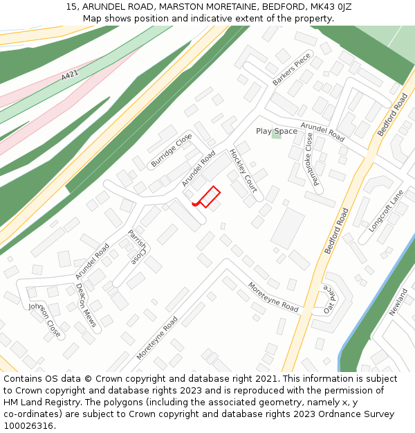 15, ARUNDEL ROAD, MARSTON MORETAINE, BEDFORD, MK43 0JZ: Location map and indicative extent of plot