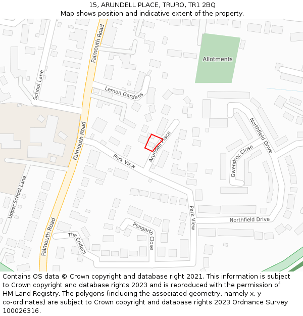 15, ARUNDELL PLACE, TRURO, TR1 2BQ: Location map and indicative extent of plot