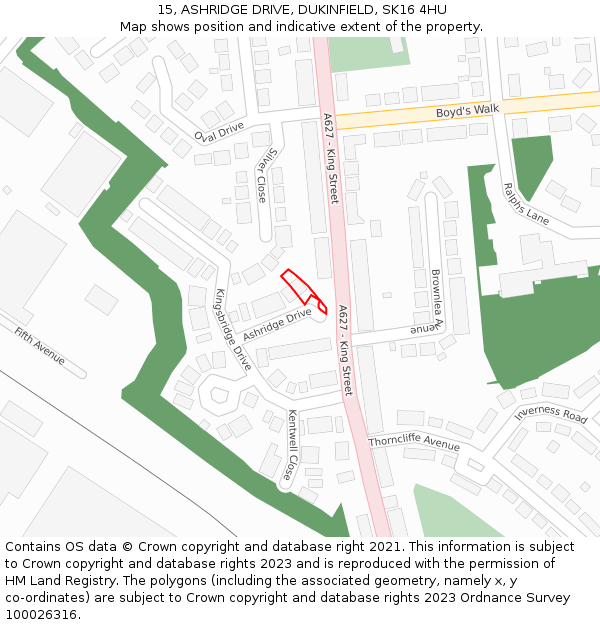 15, ASHRIDGE DRIVE, DUKINFIELD, SK16 4HU: Location map and indicative extent of plot
