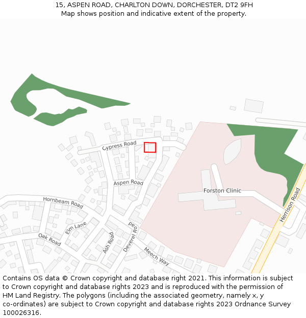 15, ASPEN ROAD, CHARLTON DOWN, DORCHESTER, DT2 9FH: Location map and indicative extent of plot