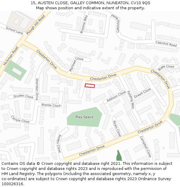 15, AUSTEN CLOSE, GALLEY COMMON, NUNEATON, CV10 9QS: Location map and indicative extent of plot