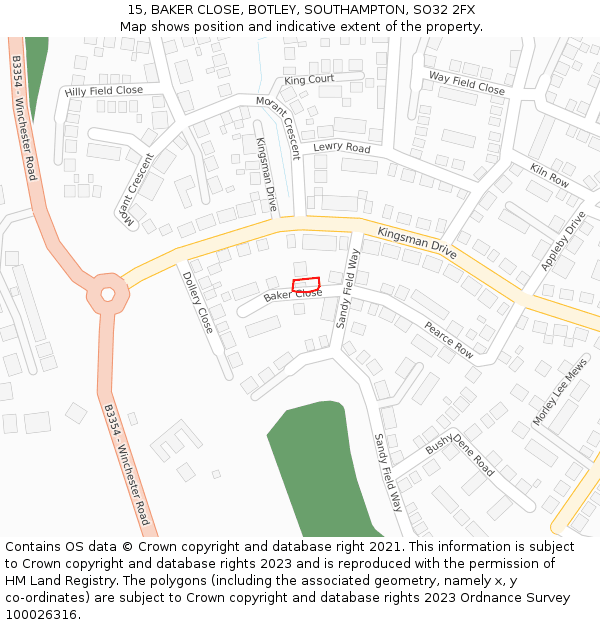 15, BAKER CLOSE, BOTLEY, SOUTHAMPTON, SO32 2FX: Location map and indicative extent of plot