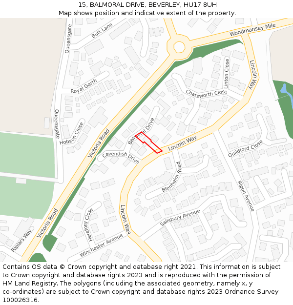 15, BALMORAL DRIVE, BEVERLEY, HU17 8UH: Location map and indicative extent of plot