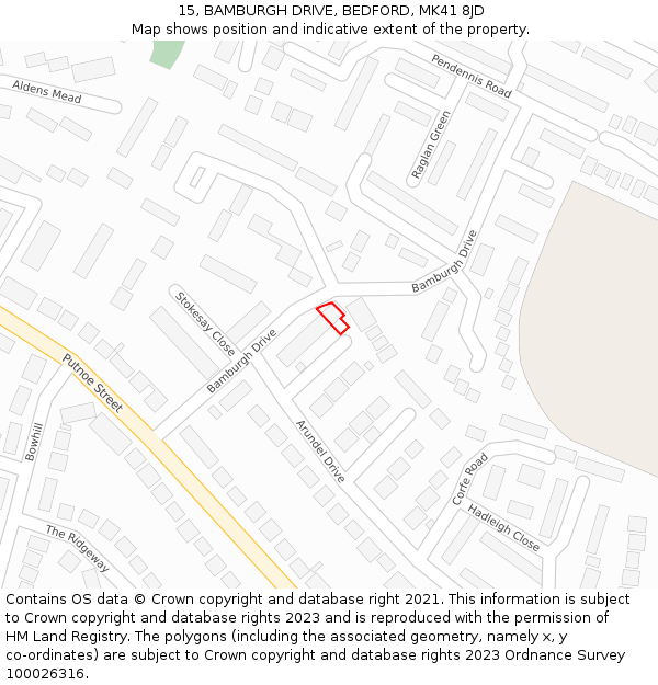 15, BAMBURGH DRIVE, BEDFORD, MK41 8JD: Location map and indicative extent of plot