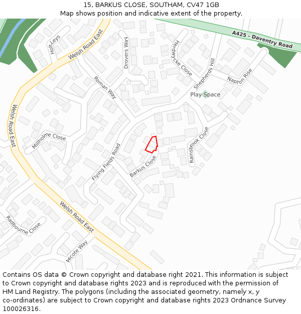 15, BARKUS CLOSE, SOUTHAM, CV47 1GB: Location map and indicative extent of plot