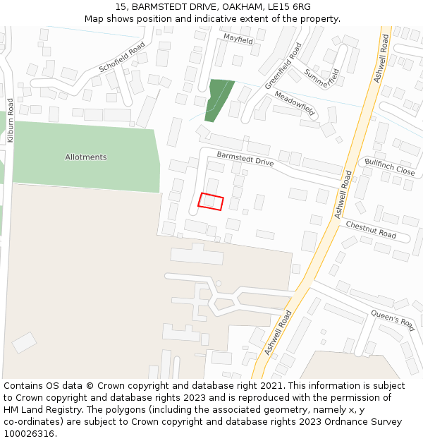 15, BARMSTEDT DRIVE, OAKHAM, LE15 6RG: Location map and indicative extent of plot