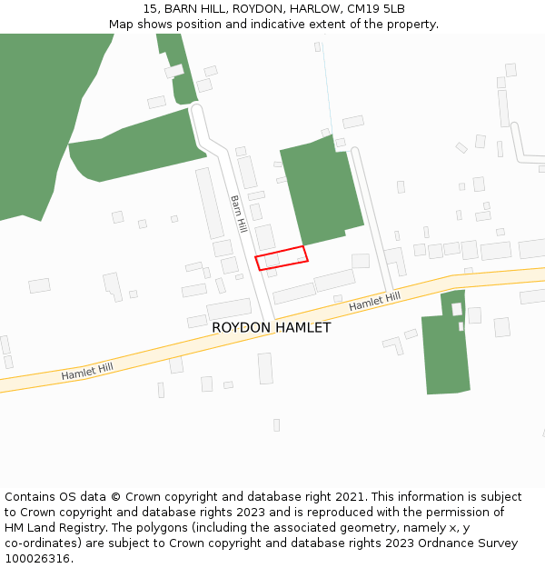 15, BARN HILL, ROYDON, HARLOW, CM19 5LB: Location map and indicative extent of plot