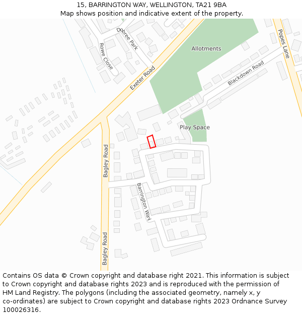 15, BARRINGTON WAY, WELLINGTON, TA21 9BA: Location map and indicative extent of plot