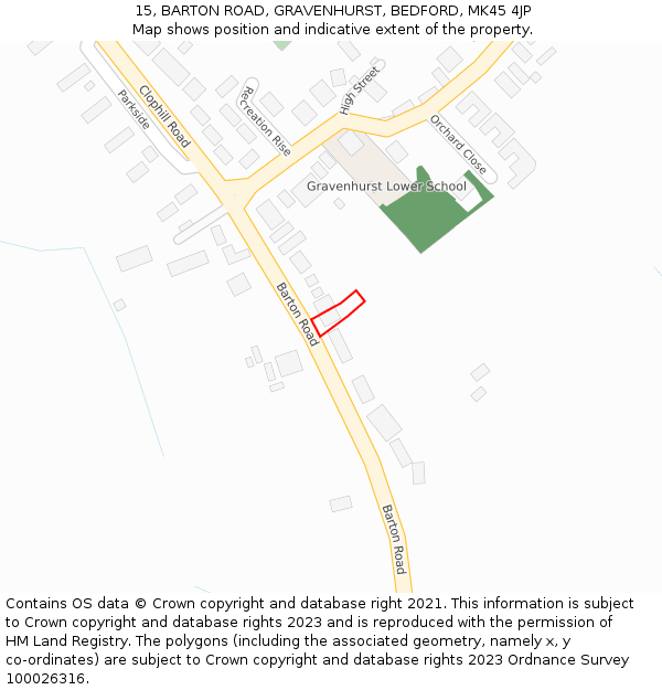 15, BARTON ROAD, GRAVENHURST, BEDFORD, MK45 4JP: Location map and indicative extent of plot