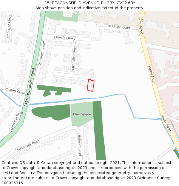 15, BEACONSFIELD AVENUE, RUGBY, CV22 6BY: Location map and indicative extent of plot