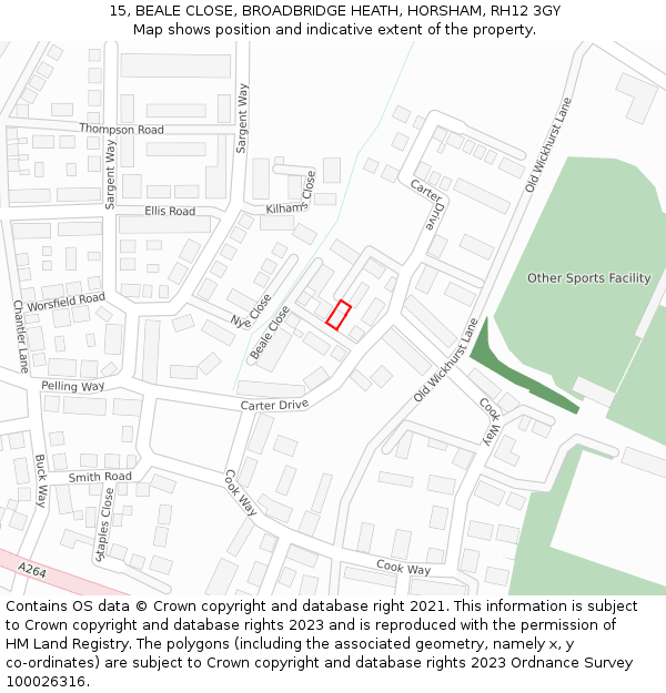 15, BEALE CLOSE, BROADBRIDGE HEATH, HORSHAM, RH12 3GY: Location map and indicative extent of plot