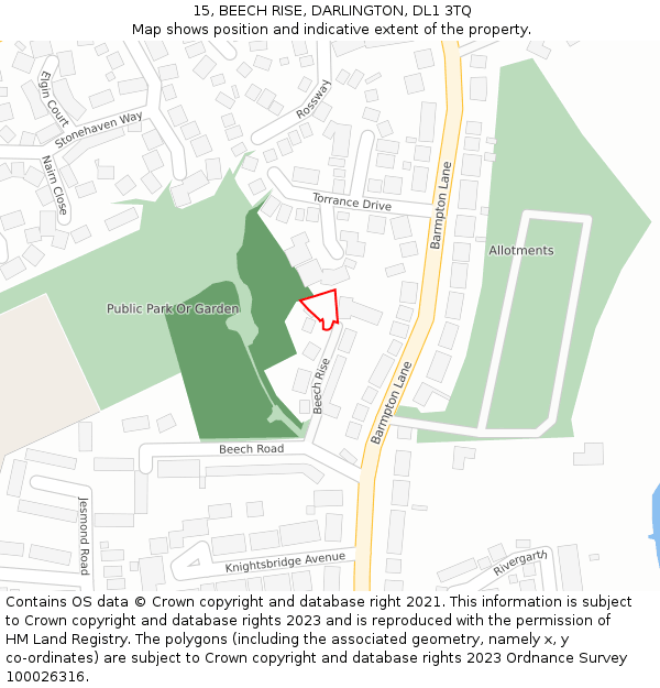 15, BEECH RISE, DARLINGTON, DL1 3TQ: Location map and indicative extent of plot