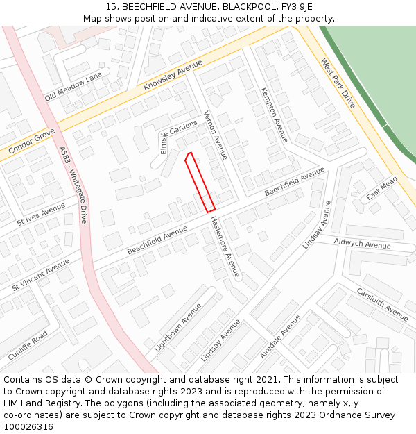 15, BEECHFIELD AVENUE, BLACKPOOL, FY3 9JE: Location map and indicative extent of plot