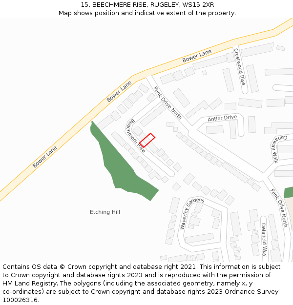 15, BEECHMERE RISE, RUGELEY, WS15 2XR: Location map and indicative extent of plot