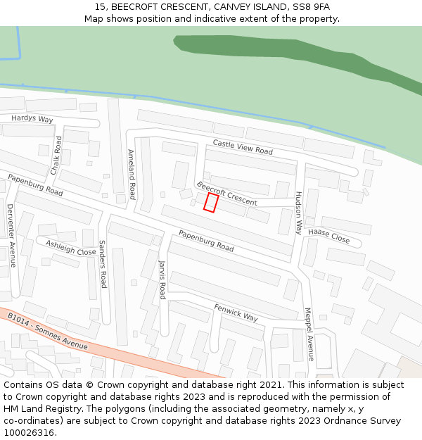 15, BEECROFT CRESCENT, CANVEY ISLAND, SS8 9FA: Location map and indicative extent of plot