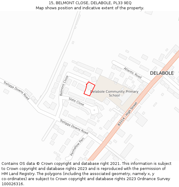 15, BELMONT CLOSE, DELABOLE, PL33 9EQ: Location map and indicative extent of plot