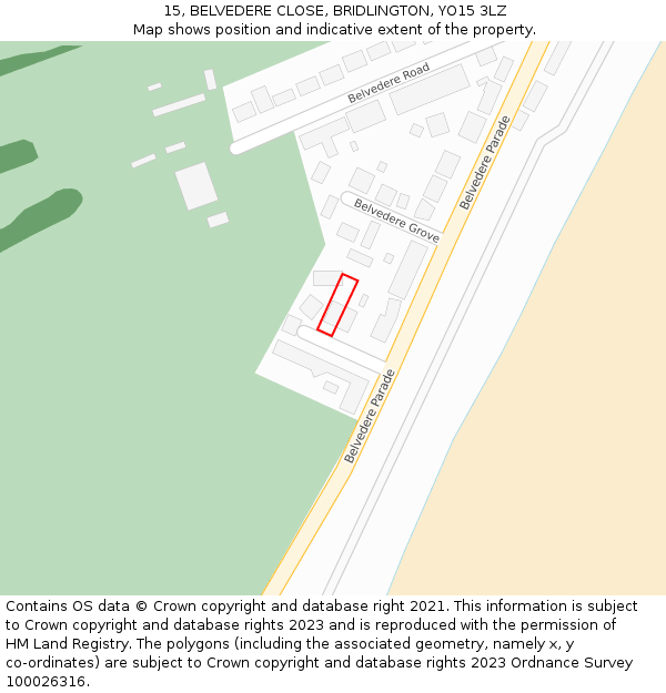15, BELVEDERE CLOSE, BRIDLINGTON, YO15 3LZ: Location map and indicative extent of plot
