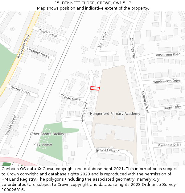 15, BENNETT CLOSE, CREWE, CW1 5HB: Location map and indicative extent of plot