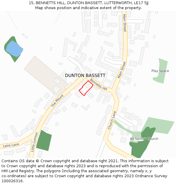 15, BENNETTS HILL, DUNTON BASSETT, LUTTERWORTH, LE17 5JJ: Location map and indicative extent of plot