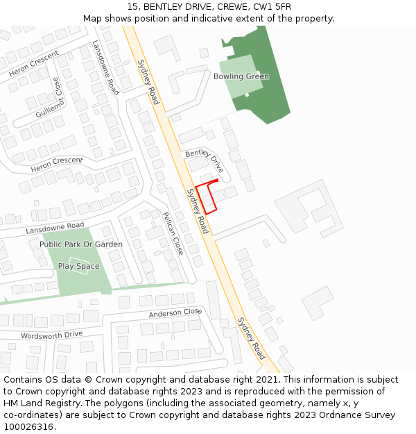 15, BENTLEY DRIVE, CREWE, CW1 5FR: Location map and indicative extent of plot