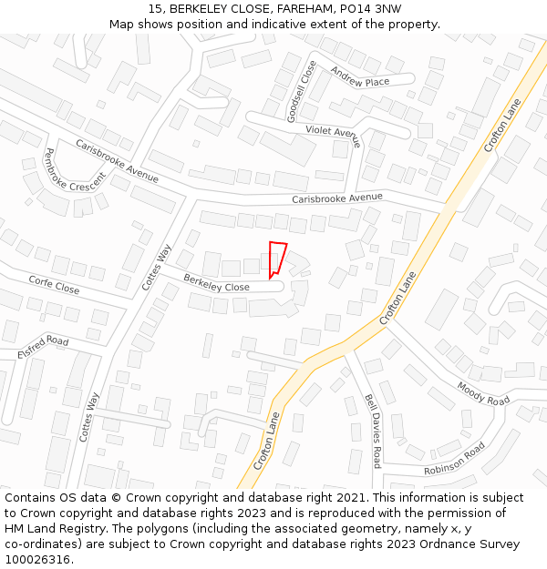 15, BERKELEY CLOSE, FAREHAM, PO14 3NW: Location map and indicative extent of plot