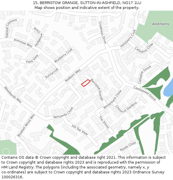 15, BERRISTOW GRANGE, SUTTON-IN-ASHFIELD, NG17 1LU: Location map and indicative extent of plot