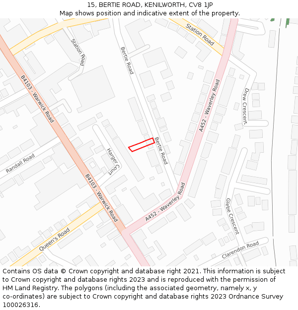 15, BERTIE ROAD, KENILWORTH, CV8 1JP: Location map and indicative extent of plot