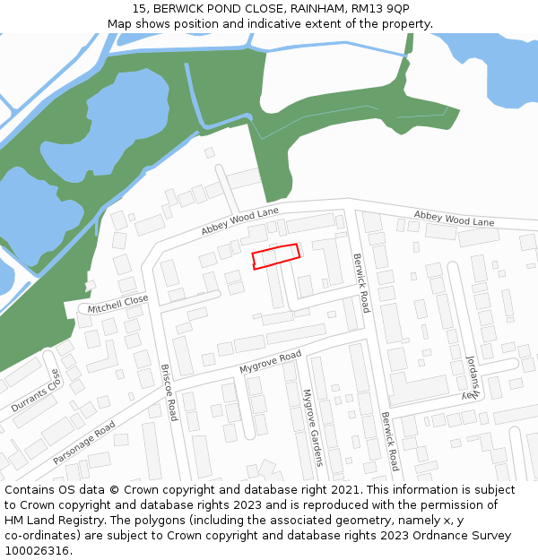 15, BERWICK POND CLOSE, RAINHAM, RM13 9QP: Location map and indicative extent of plot